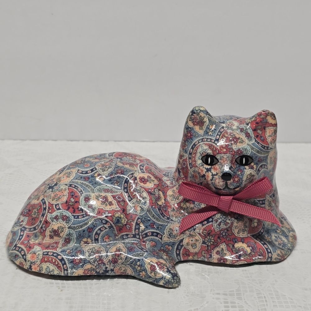 Vintage Ceramic Floral Decoupage Fabric Kitty Cat Figurine Patchwork Shabby Art